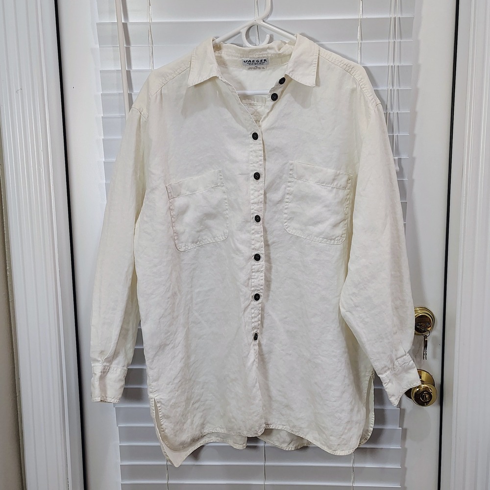 Vintage Jaeger Ivory Linen Button Down Shirt Mens L/XL Beach Coastal Resortwear